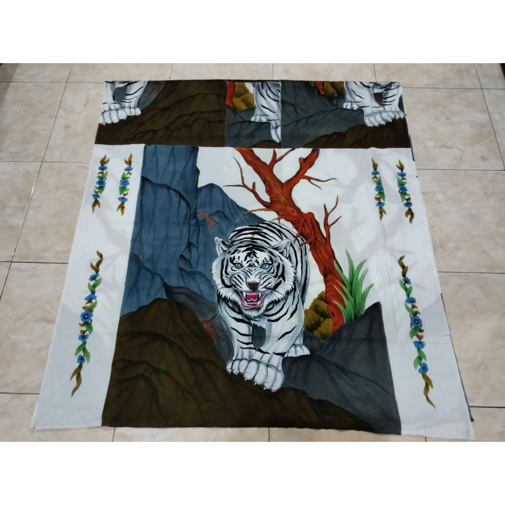 kain batik tulis lukis 3 dimensi motif macan putih bahan katun