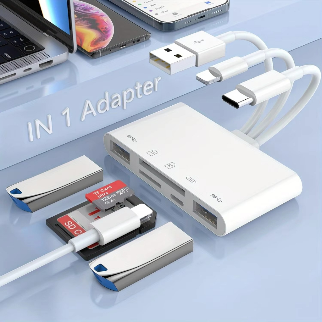 Card Reader Multi Plug 5in1 dengan USB Type C Lightning dan USB Port untuk iPhone Android Laptop OTG
