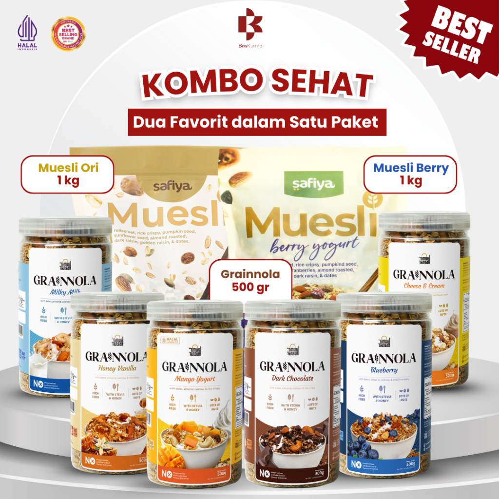 

[KOMBO SEHAT] Bundling Muesli Safiya 1kg + Granola Grainnola 500gr Snack & Sarapan Sehat Praktis Premium