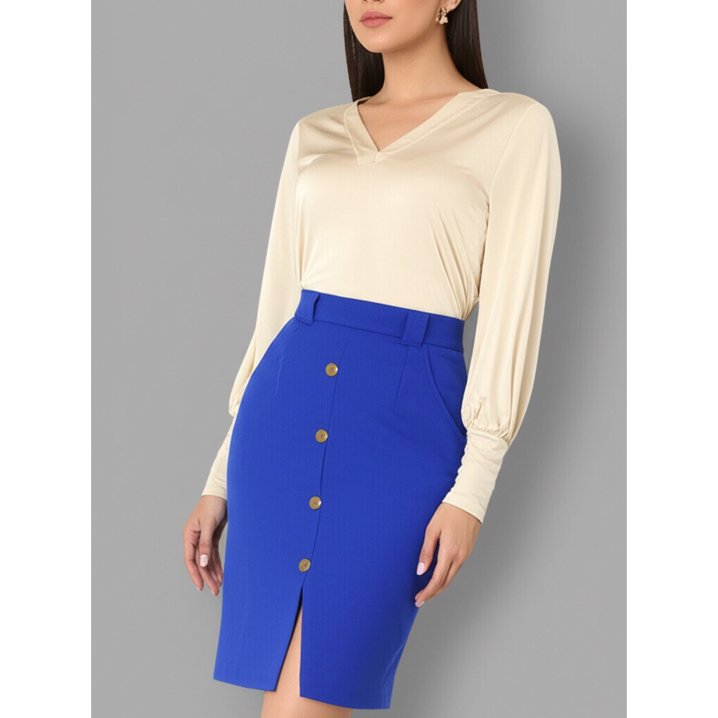 [Preloved] Vintage 90s Blue Midi Skirt | A-line Button Skirt