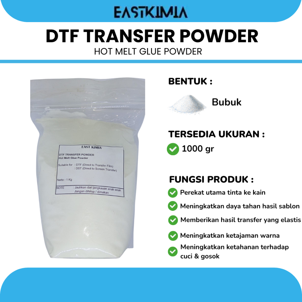

Lem DTF Transfer Powder Hot Melted Glue Powder Per Kg Eastkimia