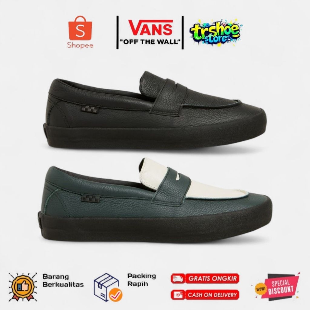 [SALE] Sepatu Vans Slip On Pro Skate Loafer Leather "Dark Forest/Black" Sneakers Kasual Lifestyle In
