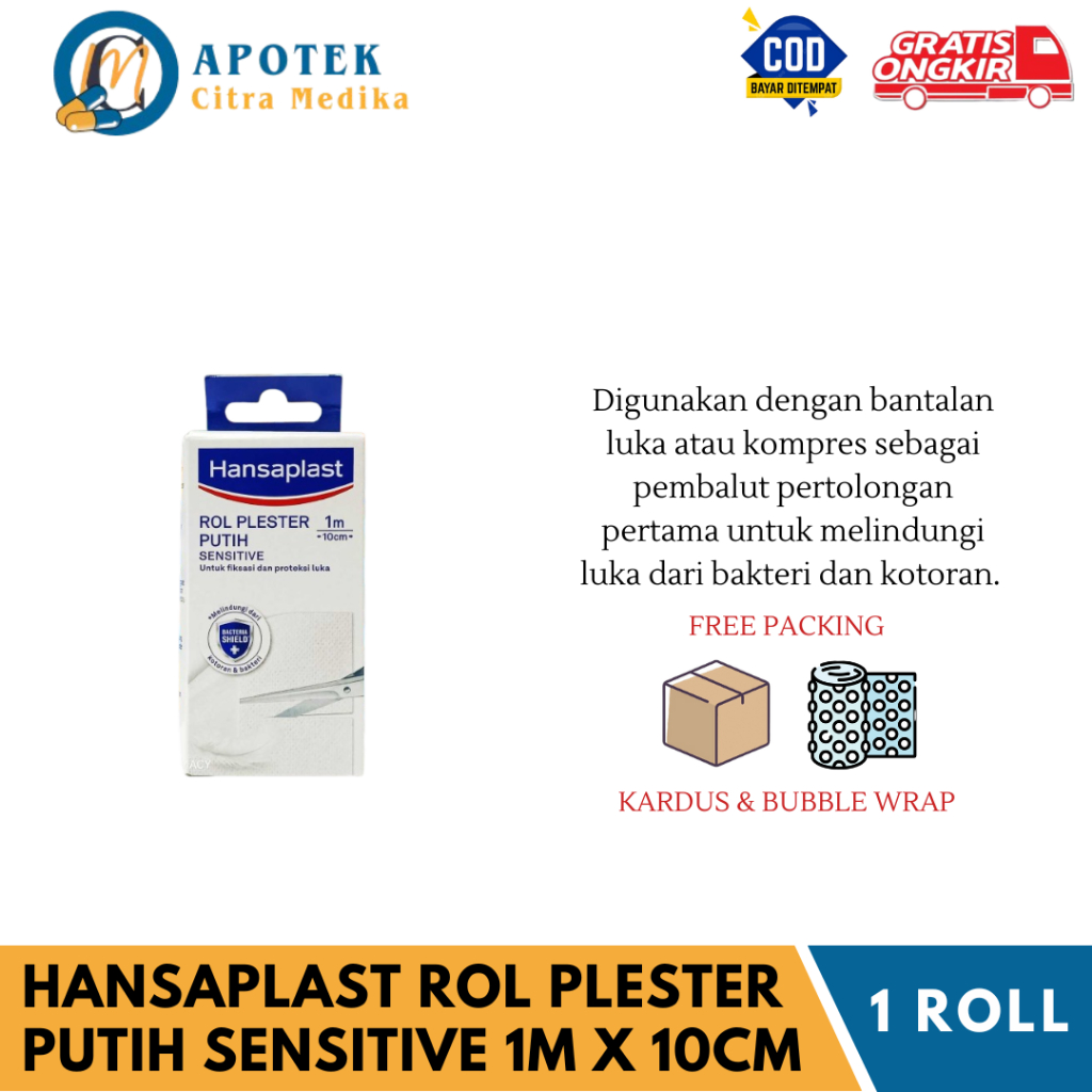 HANSAPLAST (ROL PLESTER PUTIH SENSITIVE 1 KOTAK 1M X 10CM) - PLESTER UNTUK FIKSASI DAN PROTEKSI LUKA