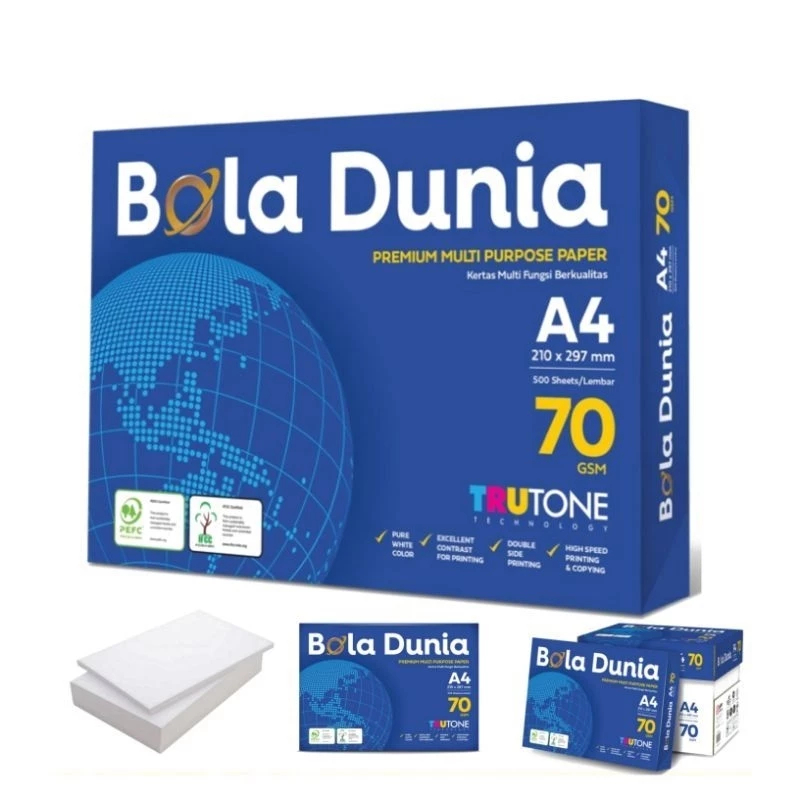

KERTAS HVS A4 70 GSM BOLA DUNIA HIGH QUALITY 500 SHEETS