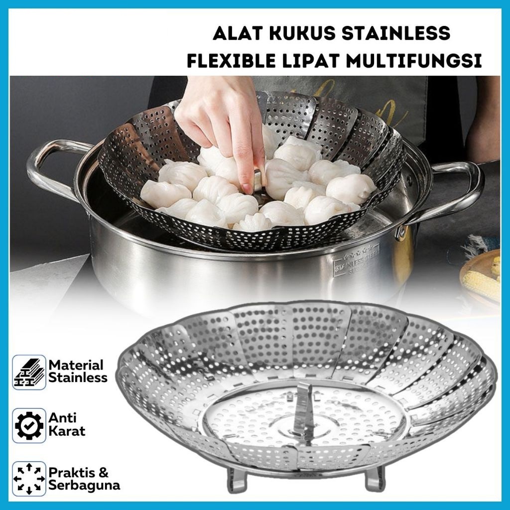 Alat Kukus Stainless Flexible Lipat / Steamer Tray Retractable Bunga Bulat / Nampan Alas Steam Makan