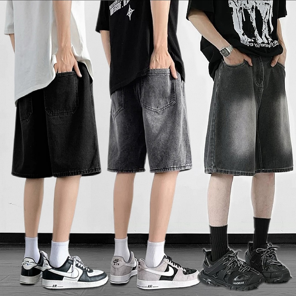 celana pendek pria baggy retro kulot jeans celana cowok dewasa wide leg denim pants korean style