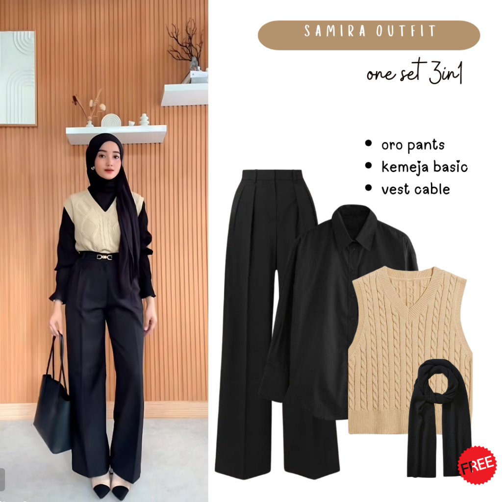 Setelan OOTD Hijab Korean Style (Kemeja Basic Hitam, Vest Rajut Cable, Oro Pant Hitam) - FC18