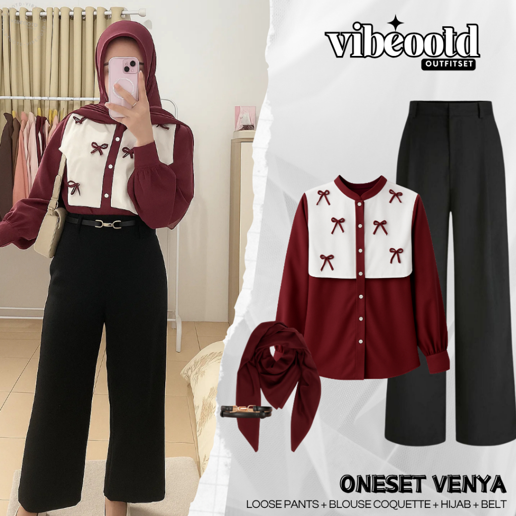 Venya Outfit Set Wanita Hijab ( Celana Kulot Loose Pants + Atasan Blouse Coquette + Bella Square + I