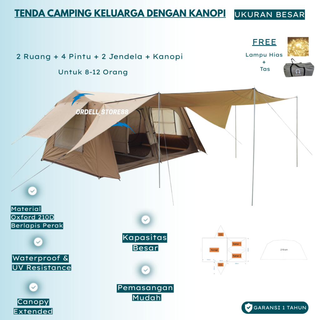 Tenda Camping Keluarga 2 Ruang 8 - 12 Orang Dengan Kanopi | Tenda Camping Waterproof | Tenda Camping