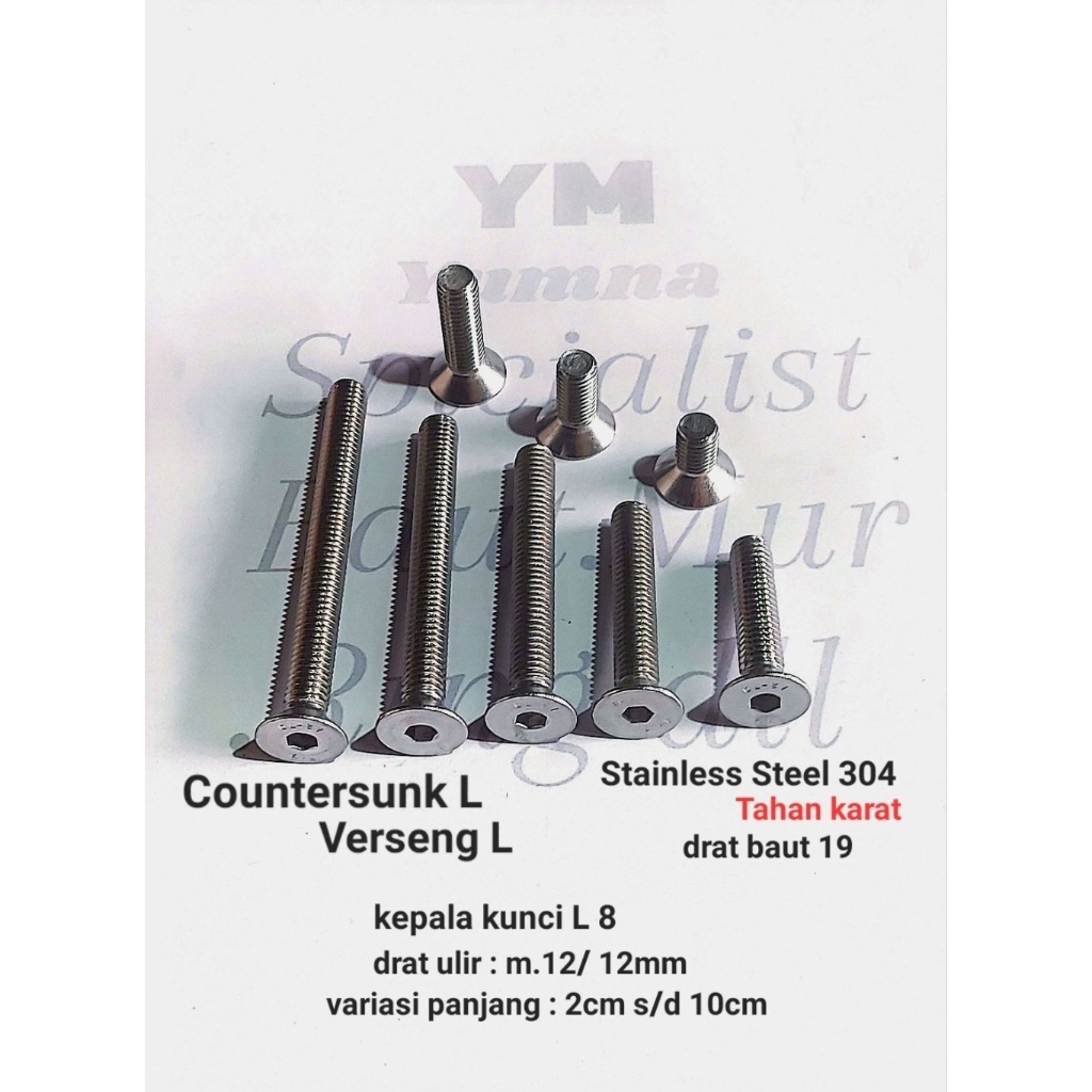 BAUT VERSENG L / DRAT BAUT 19 / M12 ( panjang 2cm s/d 10cm )P.1,75 Stainless 304