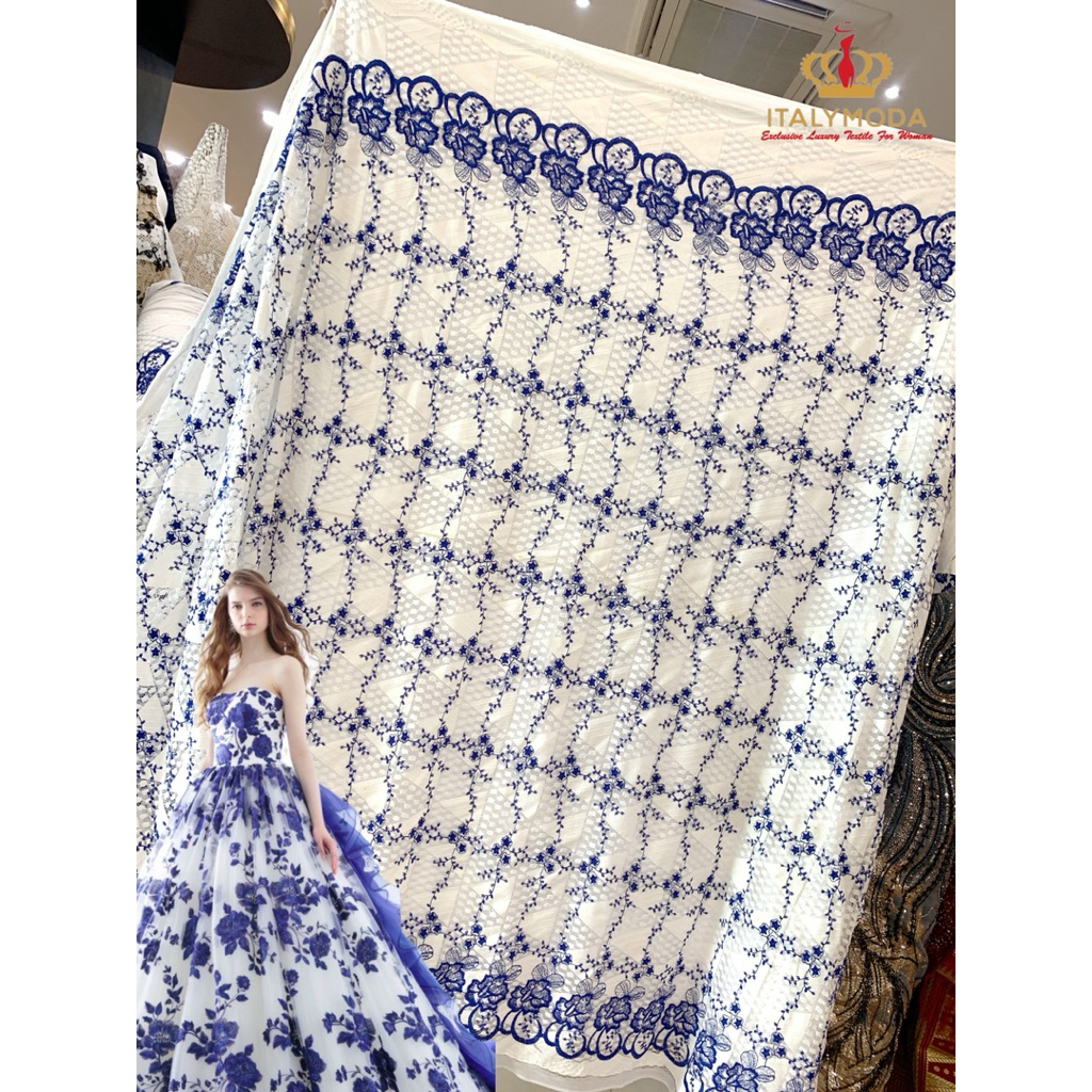 Bahan Kain Brokat bordir Dasar Putih Bordiran biru/ Bahan kain Brokat