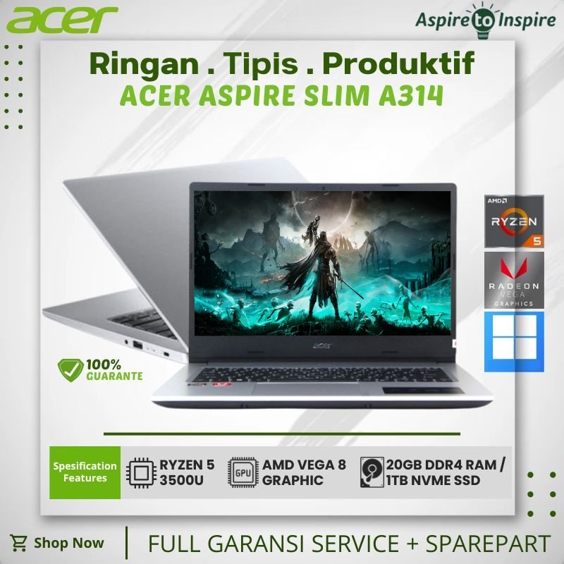 Laptop Gaming Acer Aspire 3 A314-22-R0HR | Ryzen 5 3500U | RAM 20GB | SSD 1TB NVMe | Vega 8 Graphics