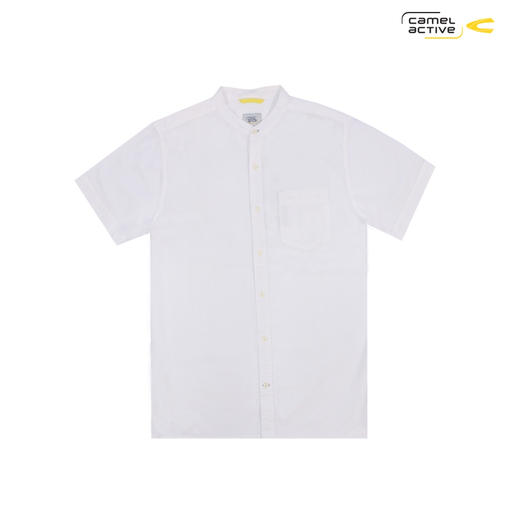camel active Men's White Henley Short Sleeve Cotton Shirt with pocket- Kemeja Koko