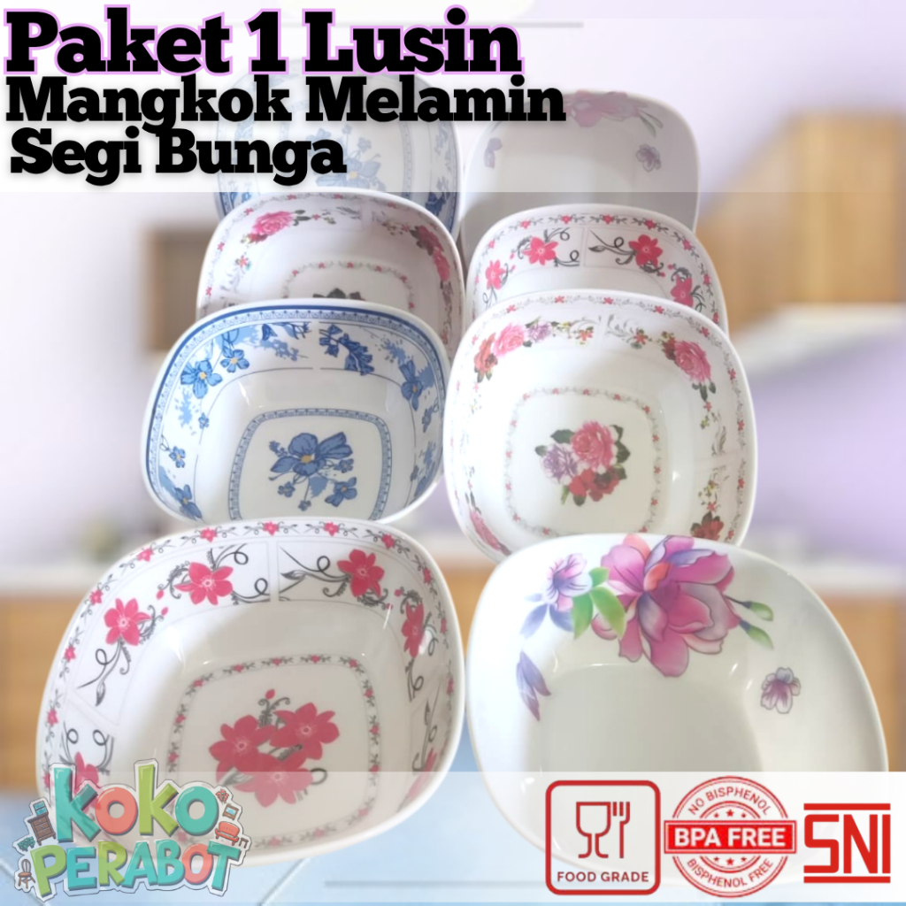 Paket 1 Lusin Mangkok Melamin Segi 7 Inch Motif Bunga - Mangkok Besar Melamin - Mangkok Bunga - Meis