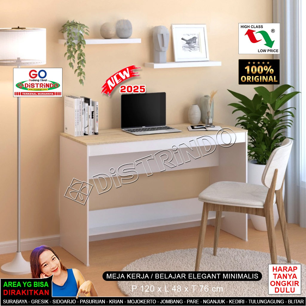 Distrindo - Meja Kerja / Meja Tulis / Meja Belajar Elegant Minimalis Rapi dengan Rak dibawah Meja
