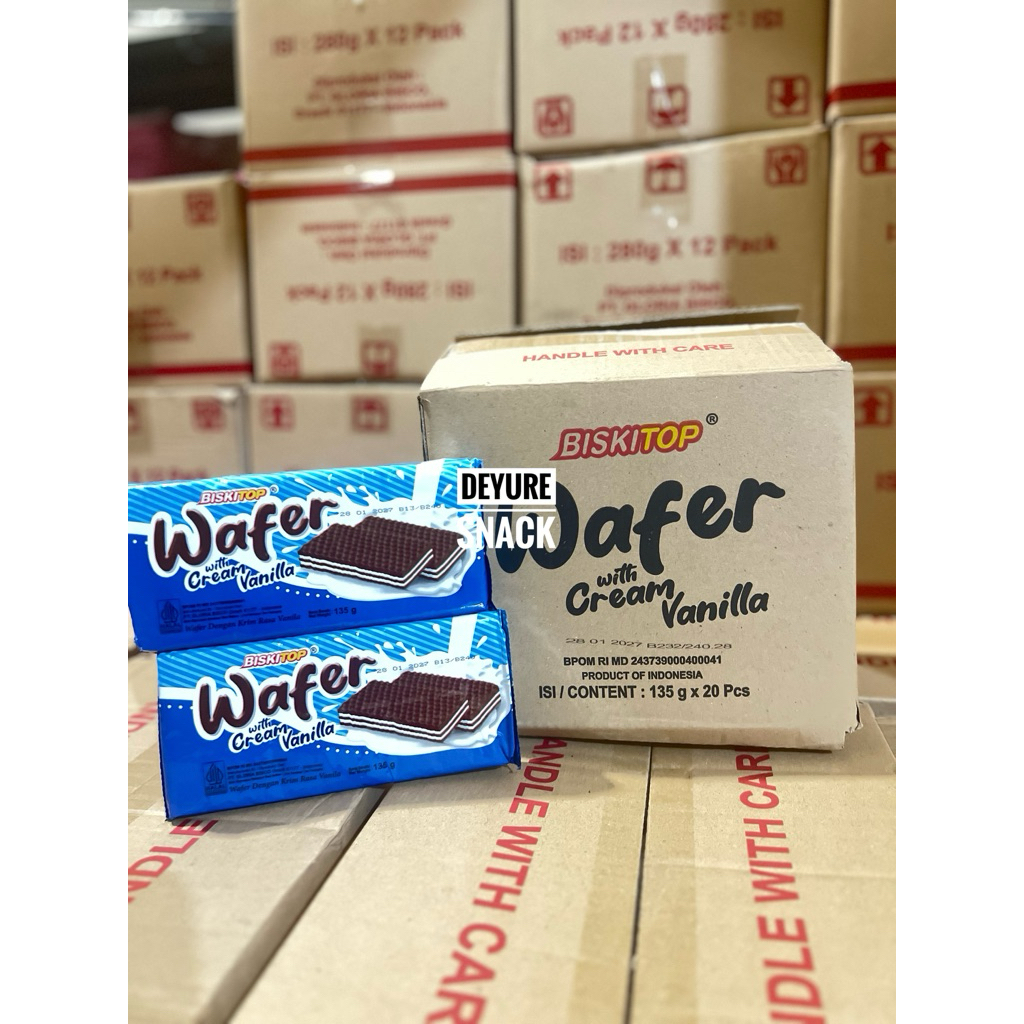 

Biskitop Wafer Cream Vanila 135 Gram 1 Dus Isi 20 Pcs snack hajatan