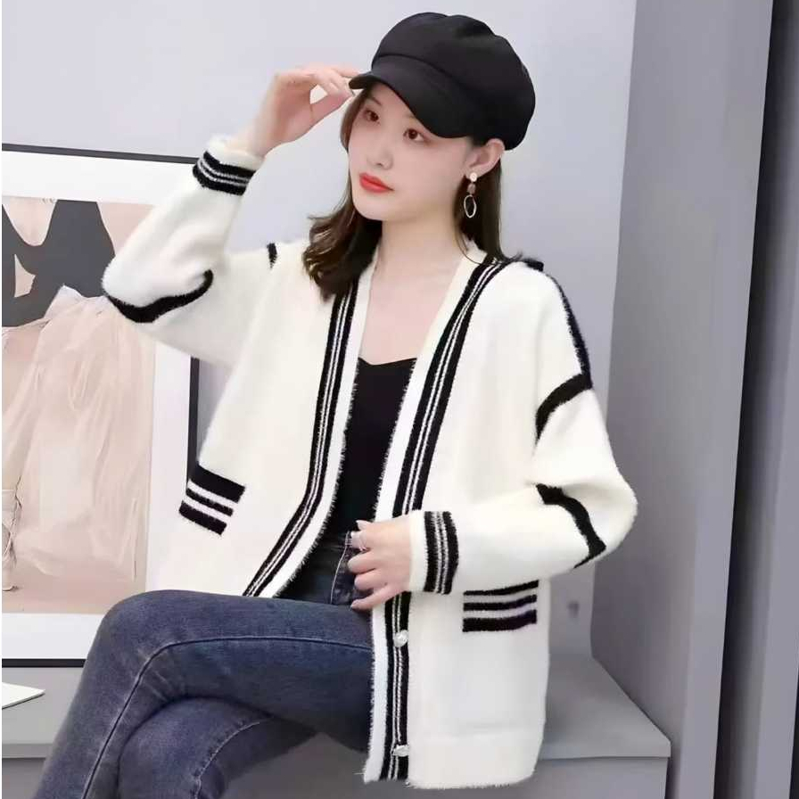 Cardi Rajut Bulu Kombi Lis 3574/Kardigan Import Premium Outer Wanita Korea Terbaru Fashion Casul