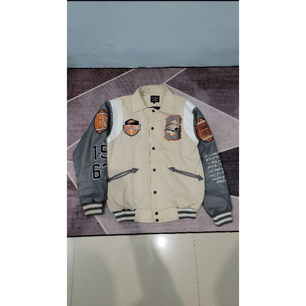 Jacket Kulit Varsity Baseball Cream Grey Size XXL