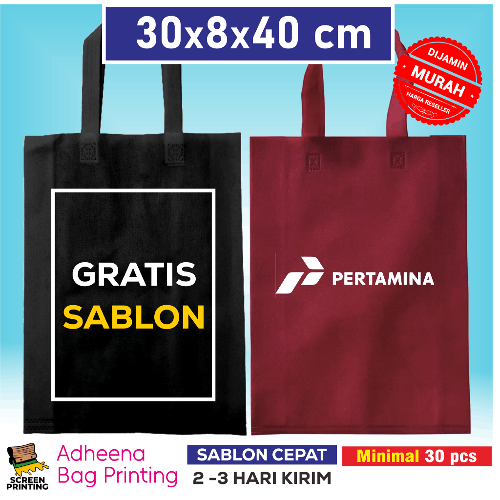 

Goodie Bag Spunbond Sablon Custom Ukuran 30x8x40 cm | Banyak Pilihan Warna dan BIsa custom Gambar