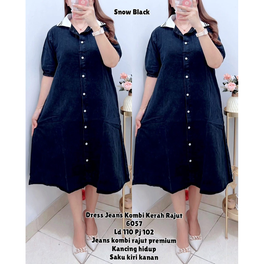 DRESS JEANS KOMBI KERAH RAJUT LD110 WANITA|DRESS KANCING|MIDI DRESS (1362)