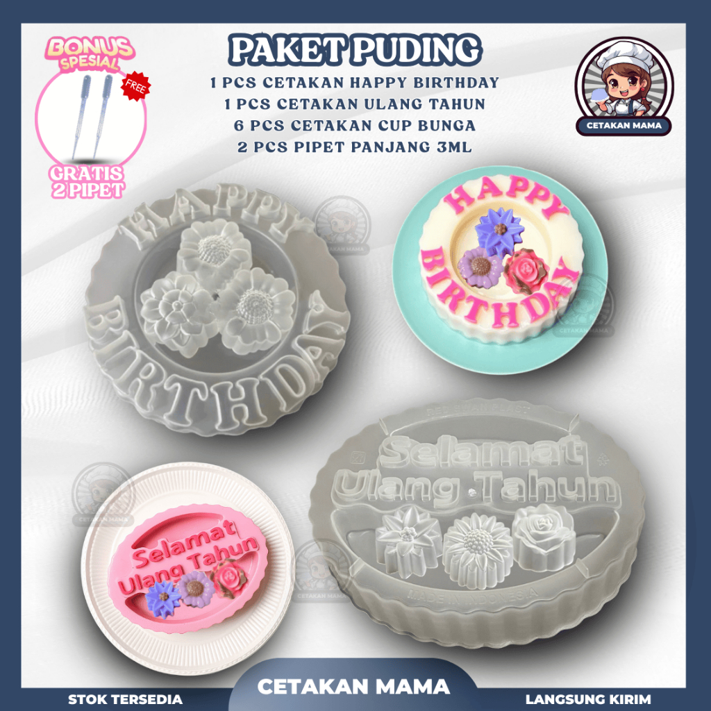 PAKET Cetakan Puding Happy Birthday 1,2 Liter + Cetakan Puding Ulang Tahun 1,5 Liter + Cetakan Cup B