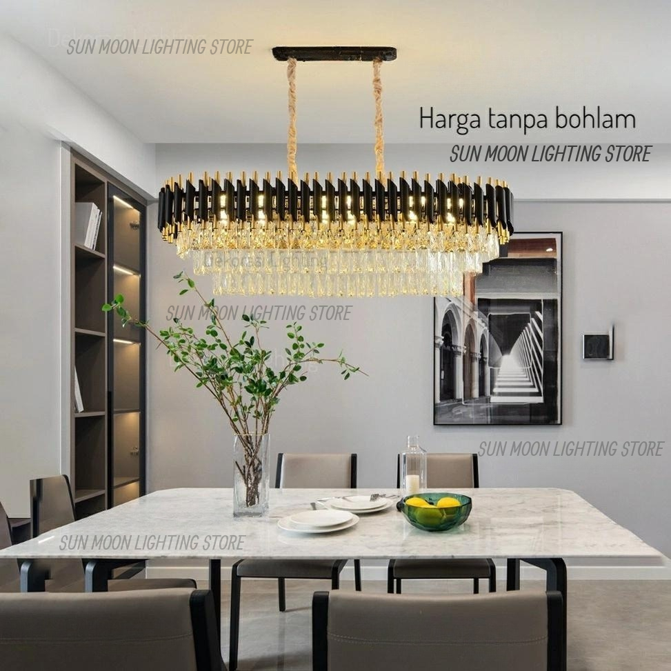 Lampu gantung kristal gold hitam panjang 100cm 15 lampu kristal 3 susun dekorasi