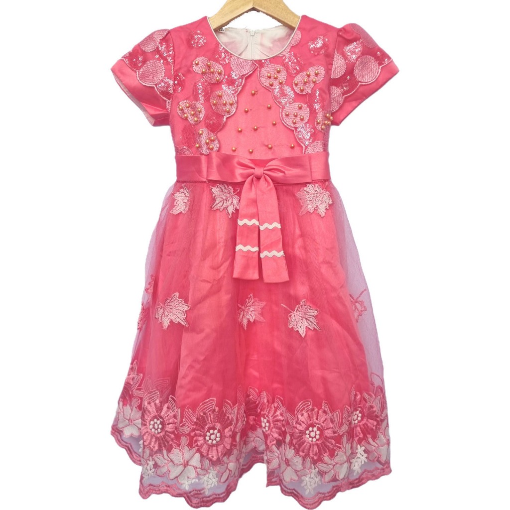 Baju Gaun Dress Fashion Pesta Ulang Tahun Anak Cewek Perempuan Formal Pita Bordir Bunga Borci Payet 