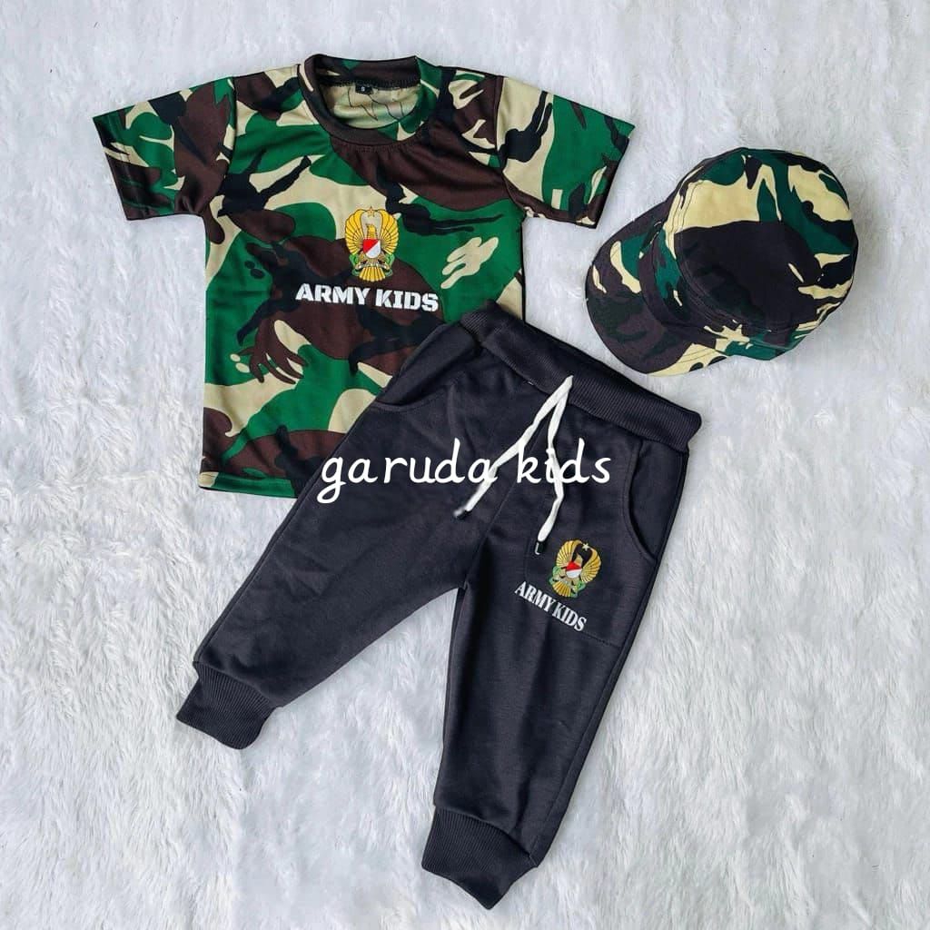 Setelan Baju Army Kids Loreng + Celana Panjang + Topi Loreng Anak Laki-Laki Perempuan