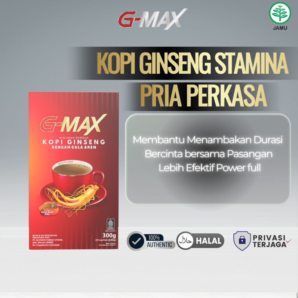

Kopi Gmax - Minuman Instan Kopi Ginseng Stamina Herbal Pria Kuat Lama (1 Box 10 Sachet)