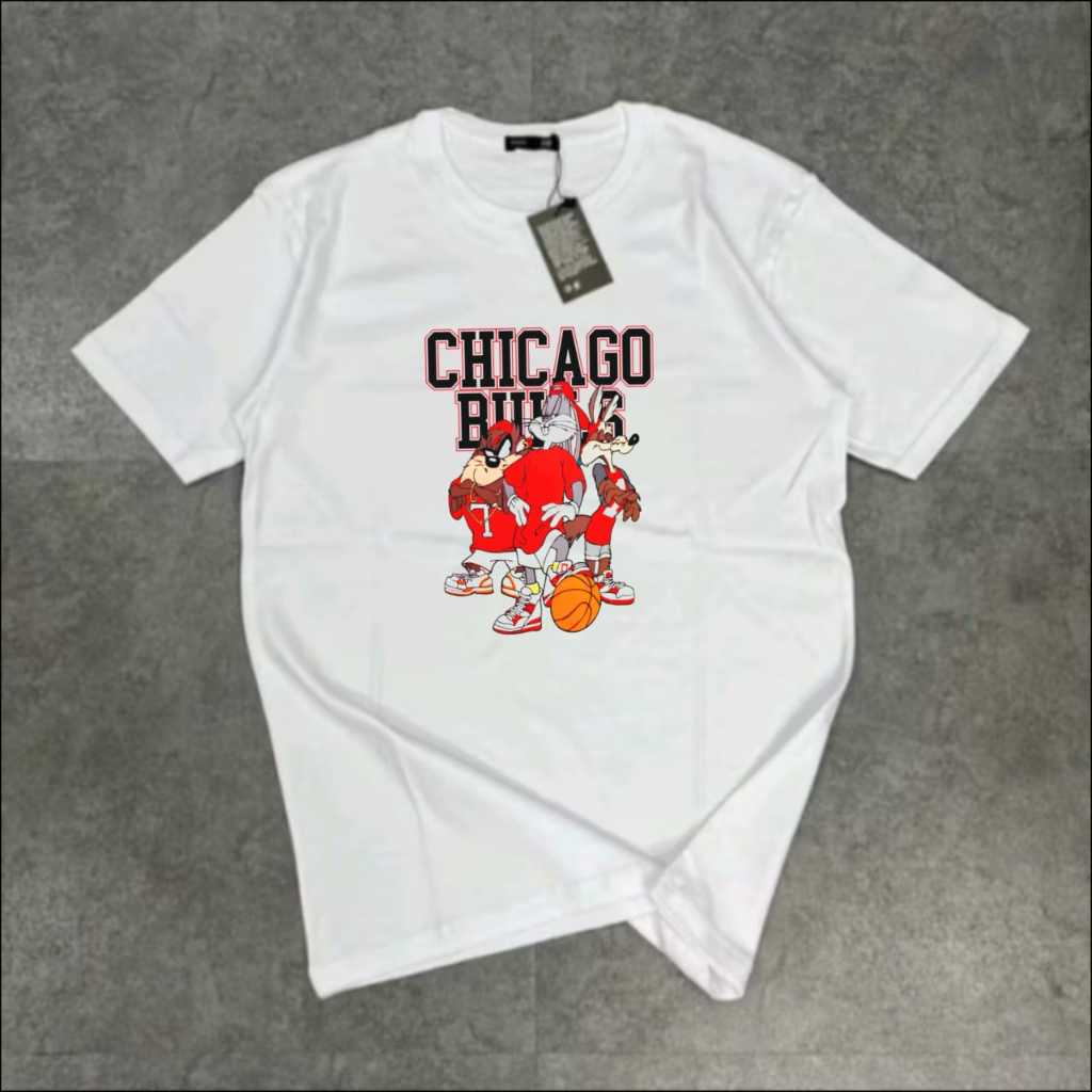 Kaos Distro Pria 100% Katun Combad 24s | Kaos Chicago Bulls Putih | Kaos NBA | Kaos Basket | Kaos Bu