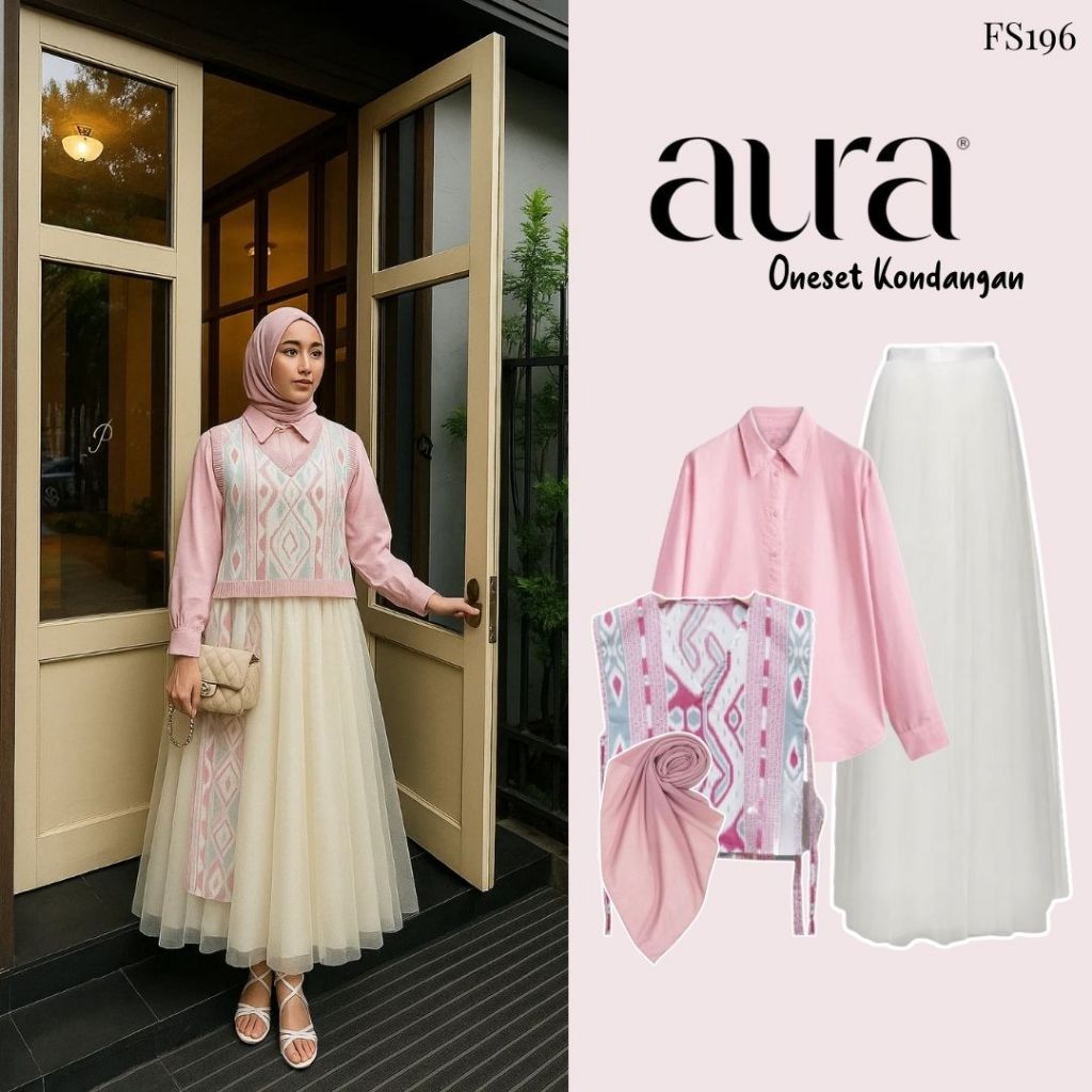 Aura Oneset Kondangan Wanita Kekinian (Hijab, Vest Batik, Kemeja, Rok Tutu) 4in1 Batik Pink |FS196