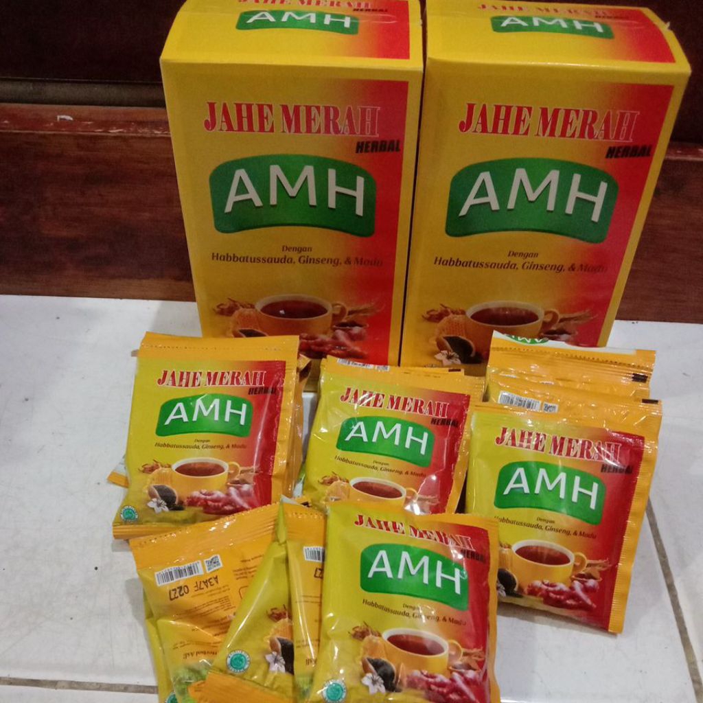 

AMH jahe merah herbal, 1 box isi 20pc, habbatussauda, ginseng, dan madu, minuman tradisional herbal asli