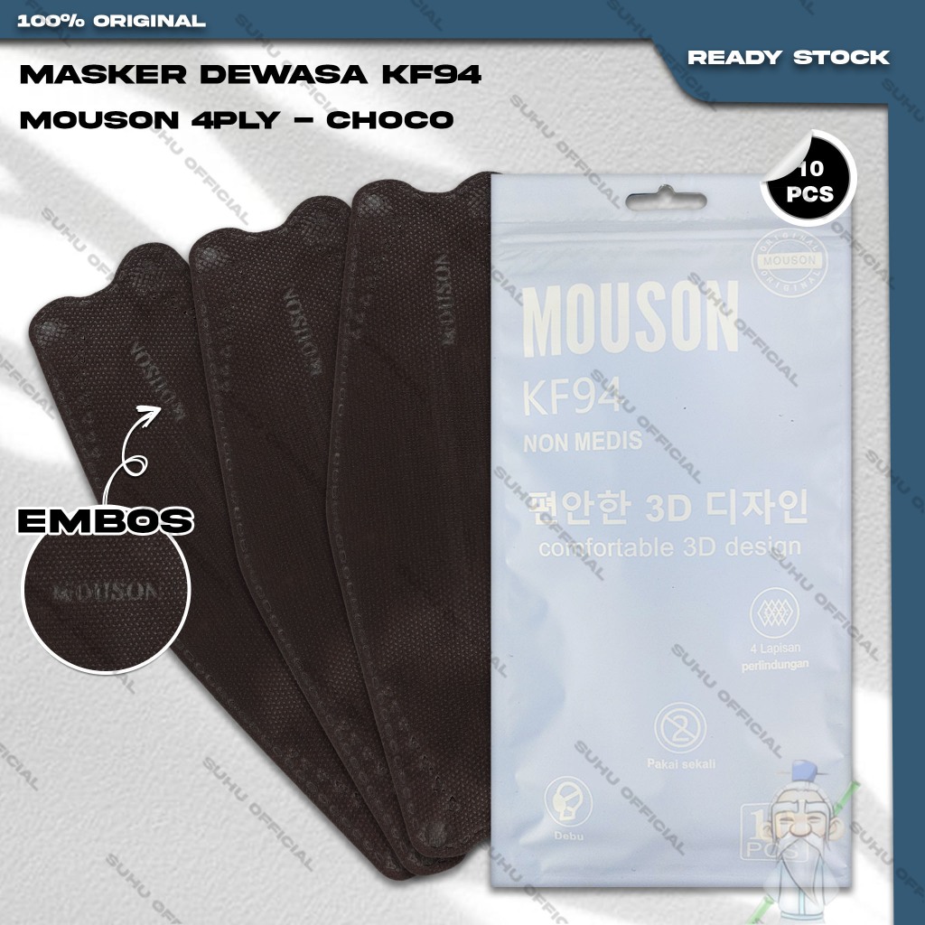 Masker KF94 MOUSON 4Ply isi 10Pcs Choco Coklat Tua KF 94 4 Ply Earloop Surgical Mask