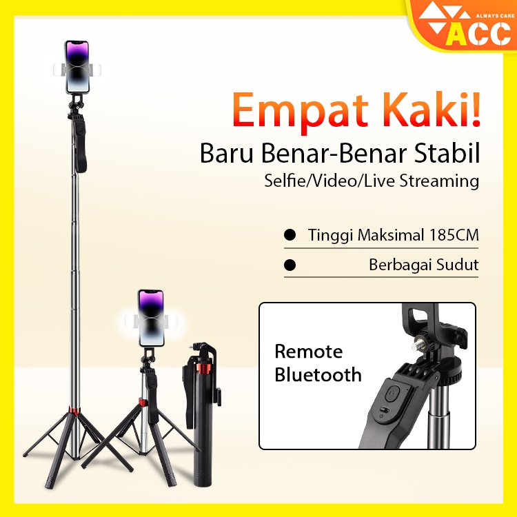 ACC Tripod Tongsis P185 1.85M - Quadpod 4 Kaki Stabil, Bluetooth Remote, Rotasi 360°, HP/Kamera, Ant