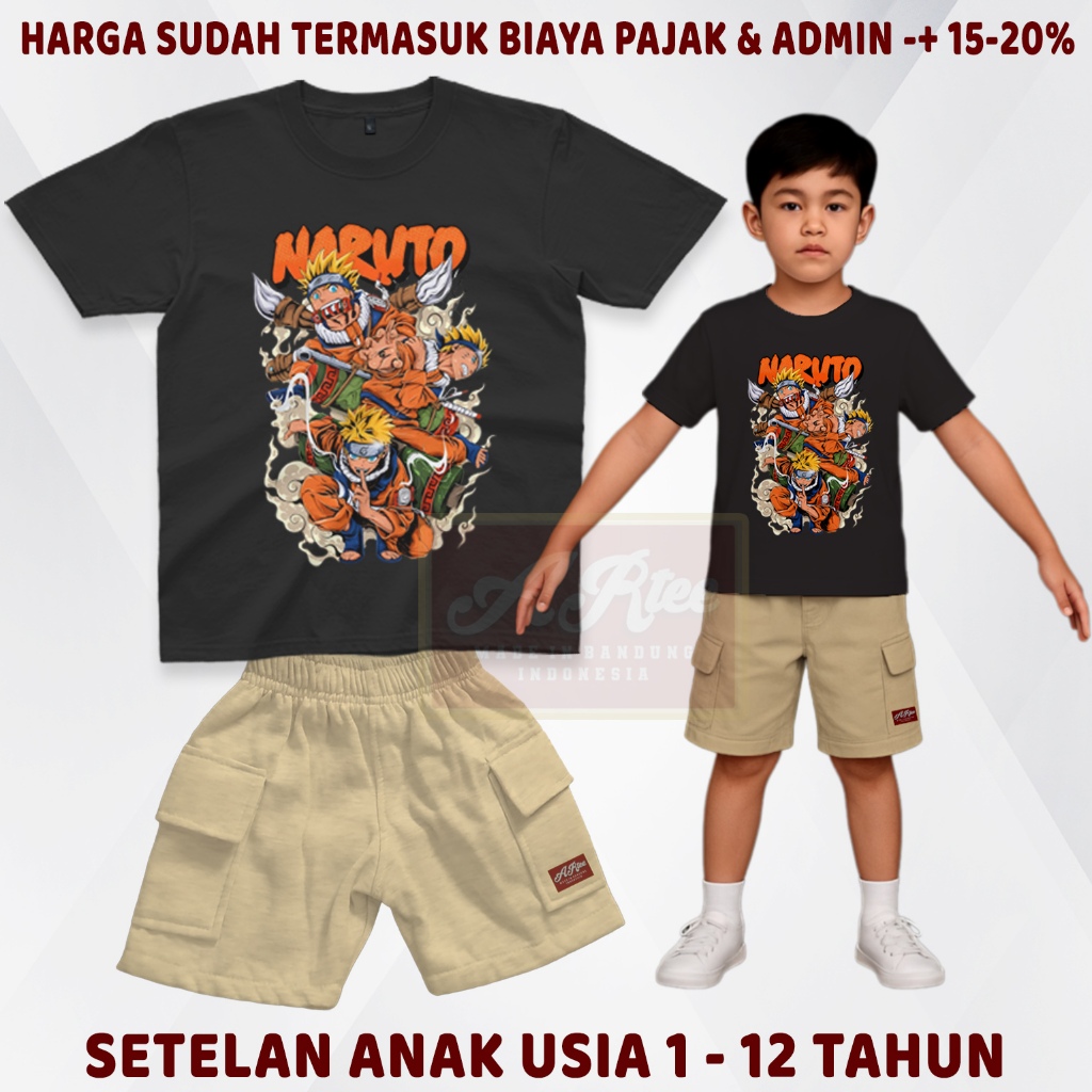 1set Setelan Kaos Anak Anime Distro + Celana Pendek Anak Cewek Cowok usia 1 - 12 Tahun Unisex NRT02