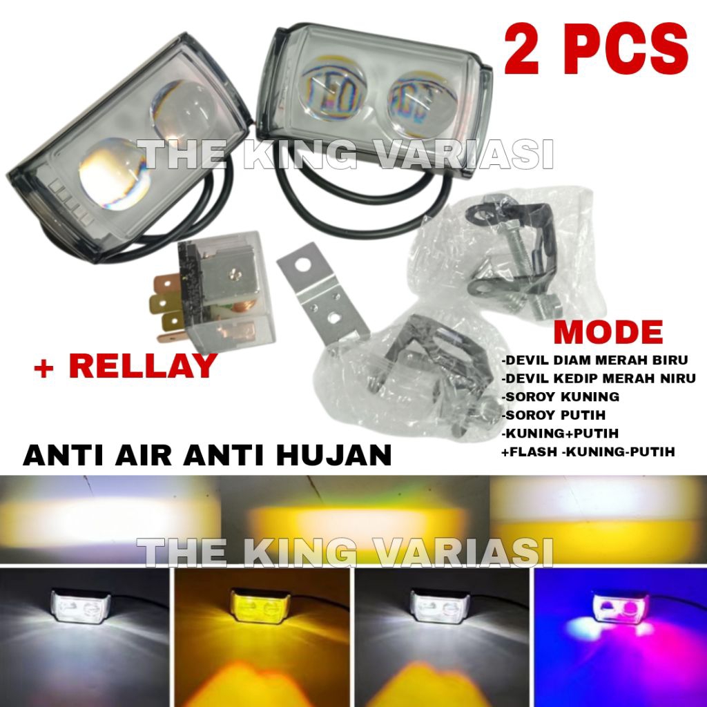 (PROMO) LAMPU SOROT PAMPU TEMBAK 2 LED PLUS DEVIL 6 MODE DIAM DAN FLASH ARUS DC PEMAKAIAN MOTOR DAN 