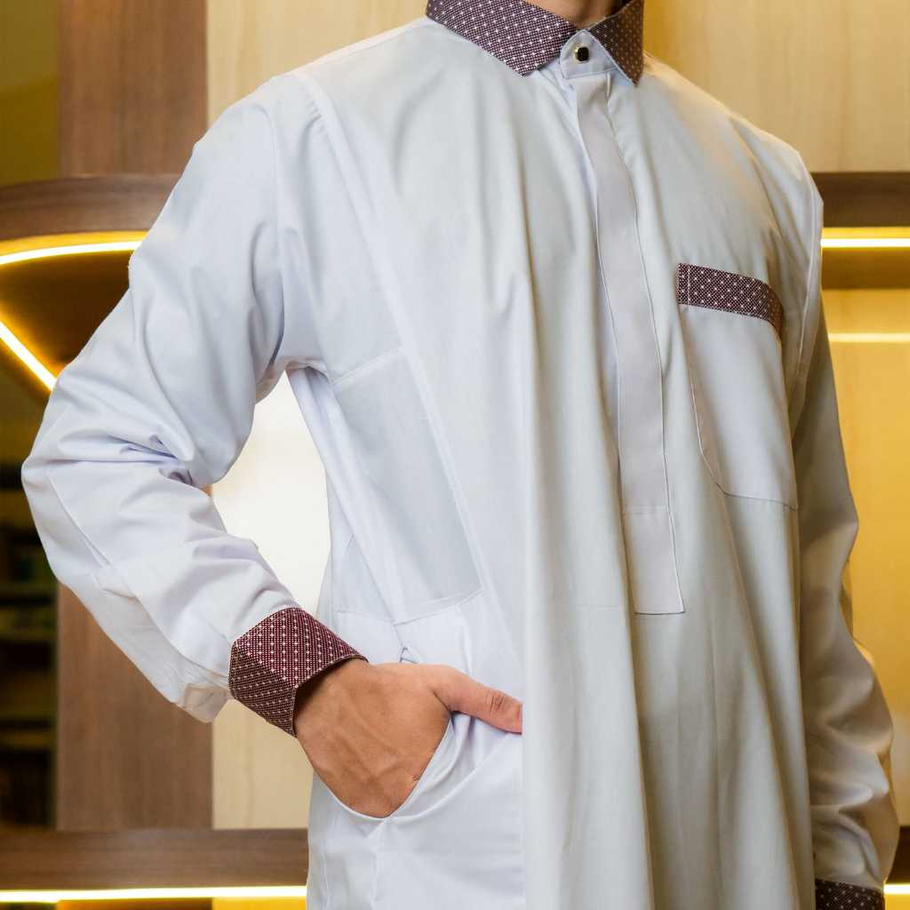 Jubah Gamis Pria Kombinasi Tayassar Putih
