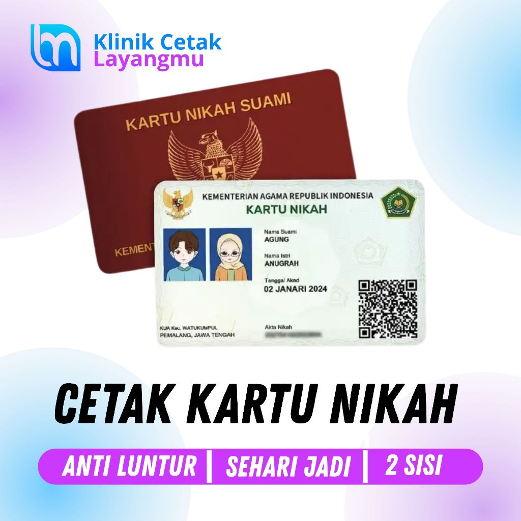 

Cetak kartu nikah suami istri bahan PVC / ID Card, tahan air, kartu nikah, SIM Nikah