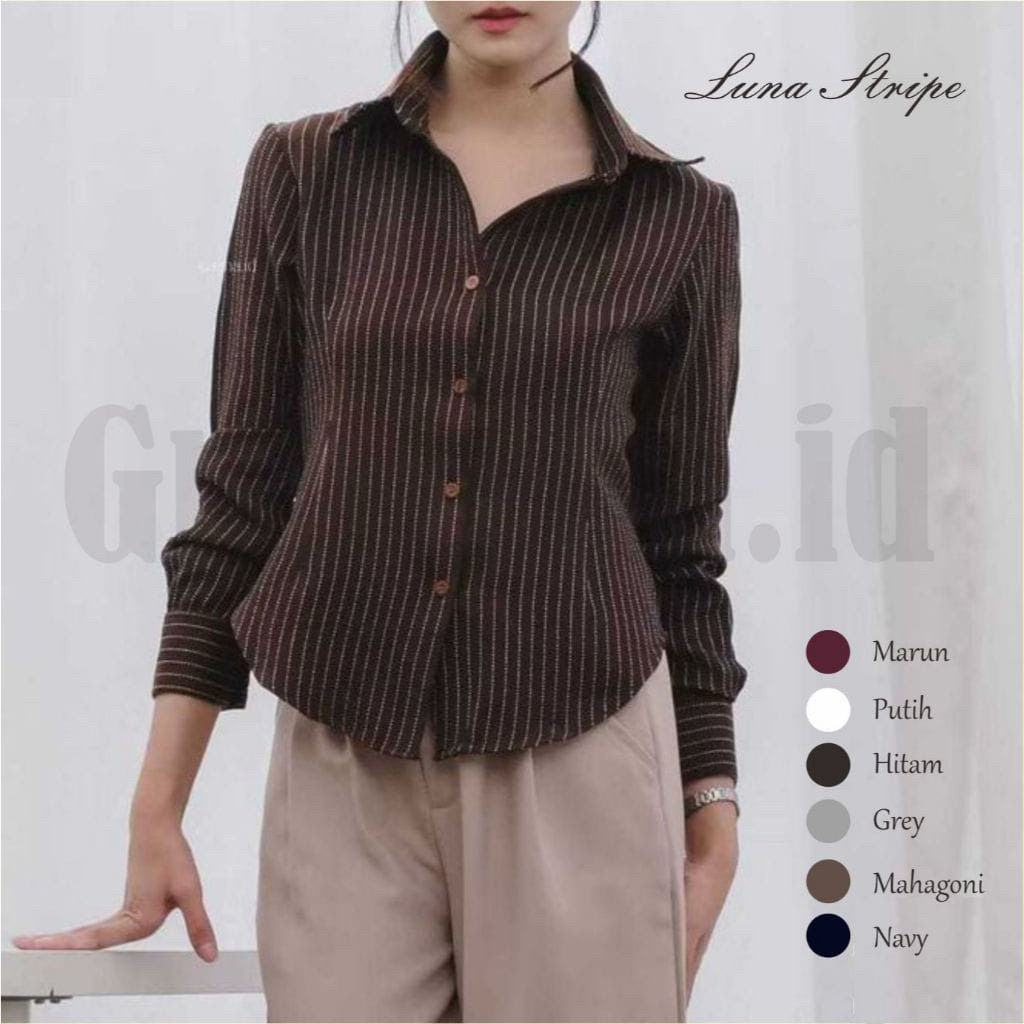 Leviora Luna stripe fitted shirt_kemeja wanita_Atasan wanita stripe salur_Kemeja basic lengan panjan