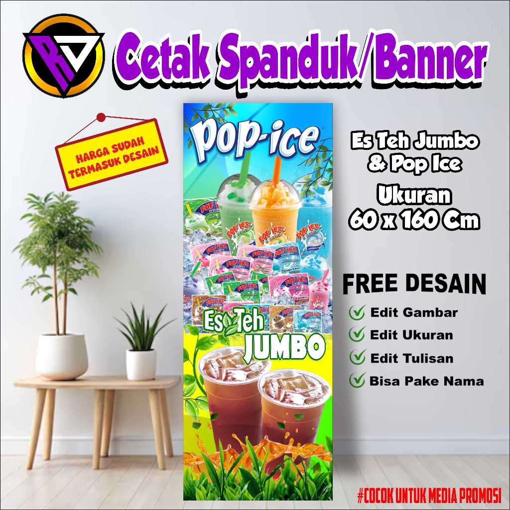 Spanduk Banner ES TEH JUMBO & POP ICE  Ukuran 60x160 cm