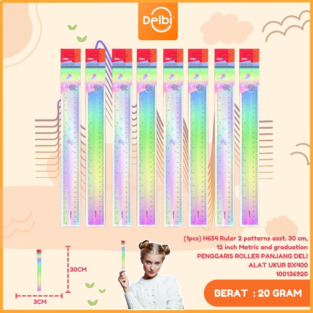 

Deli | Penggaris (Ruler) | 30 cm (12 inch) | H654 (1pcs) H654 Ruler 2 patterns asst. 30 cm, 12 inch Metric and inch graduation