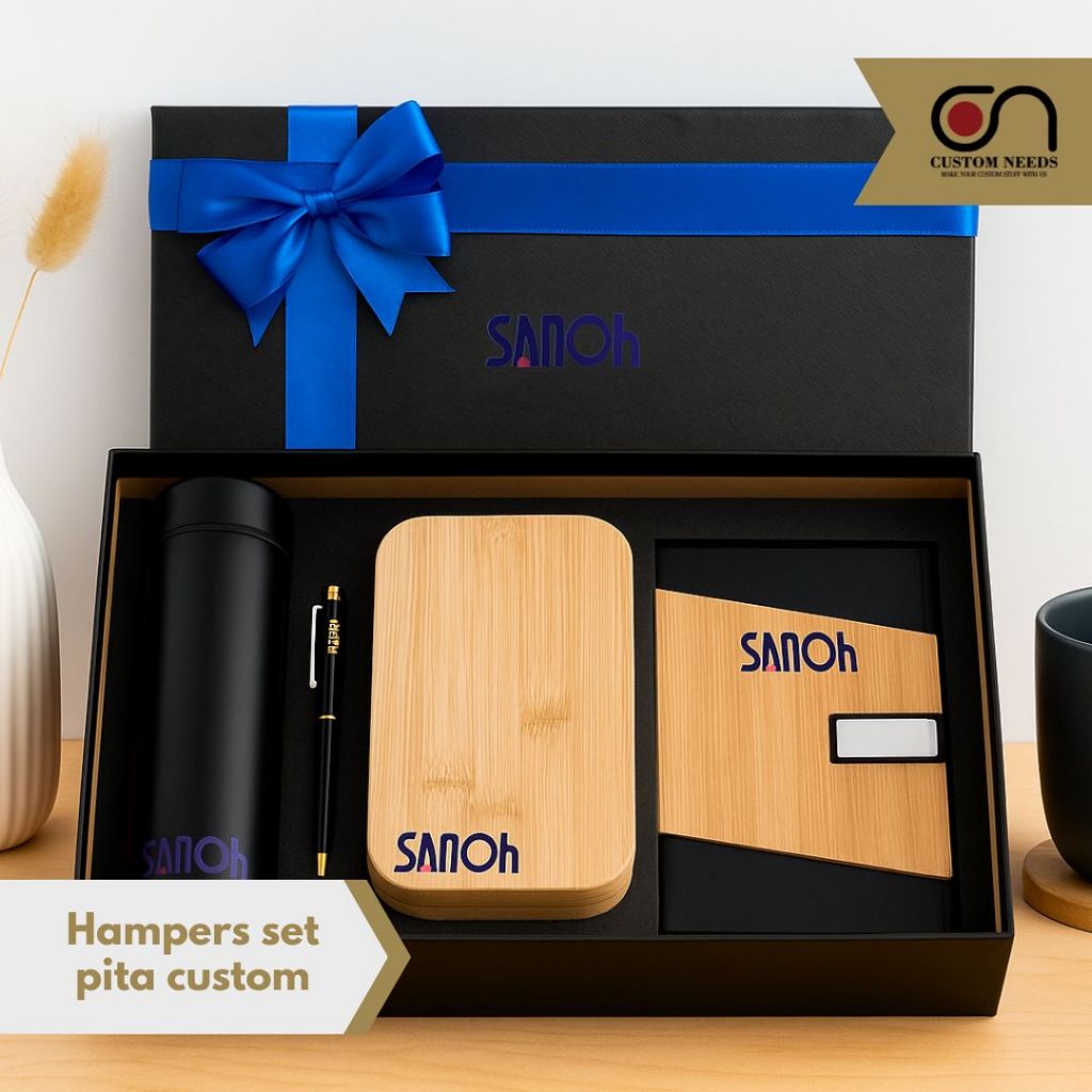 HAMPERS CUSTOM PRINT UV TERMOS LED SUHU CUSTOM TUMBLER + AGENDA BAMBU + PULPEN + LUNCH BOX KAYU + PI