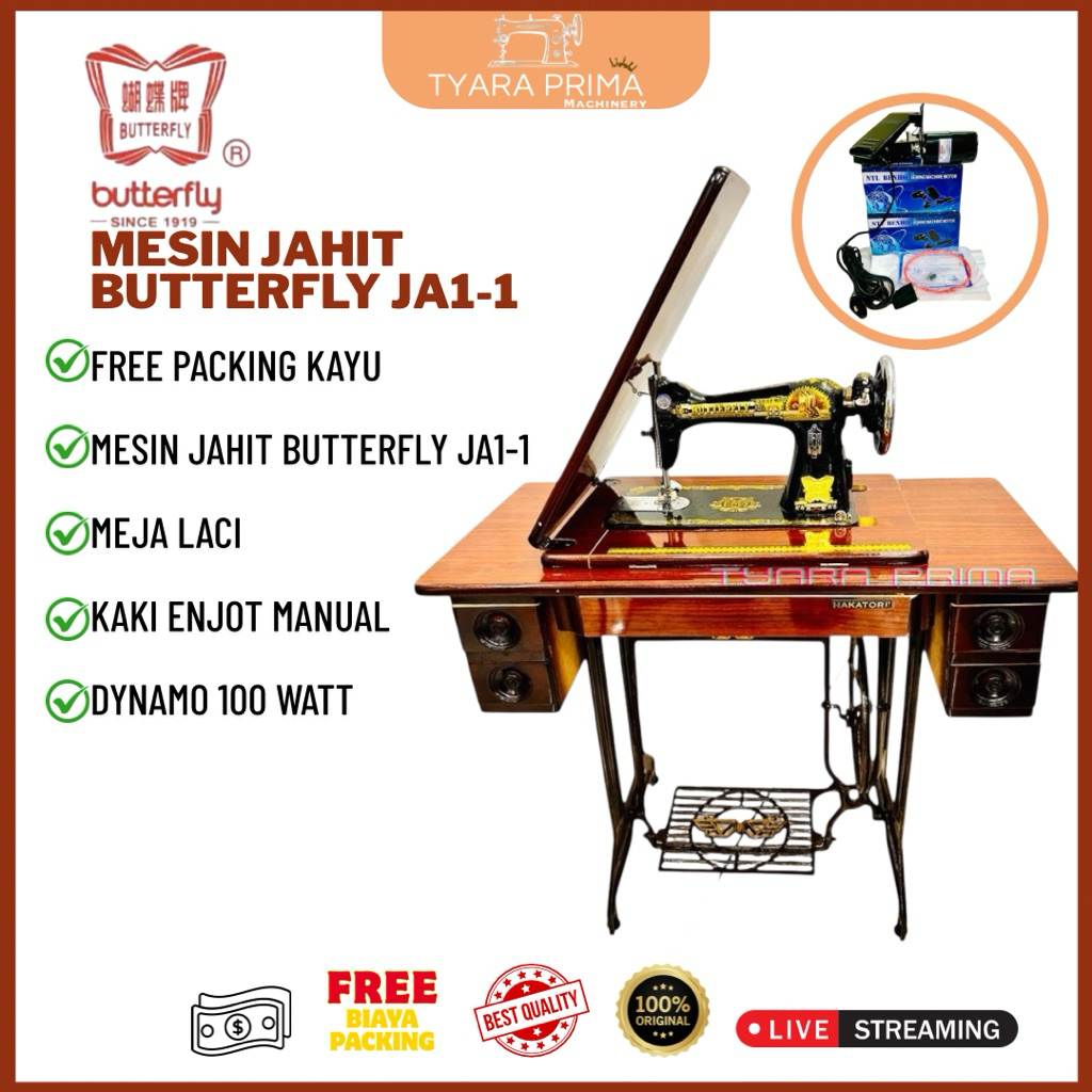 Mesin Jahit Butterfly JA-1/Mesin jahit tradisional/mesin jahit manual FULL SET + DINAMU (BARU)