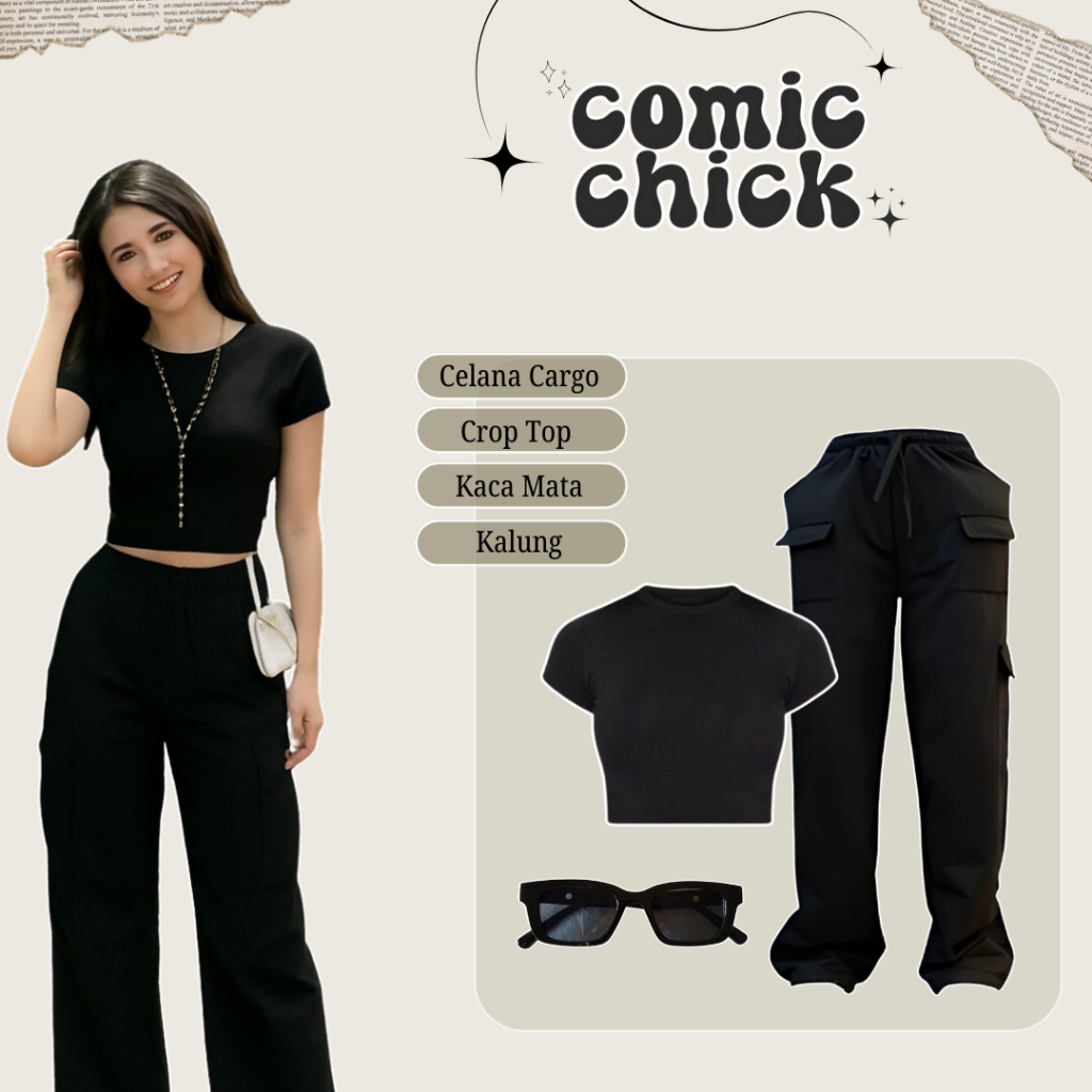One Set Outfit Wanita Kekinian || Ootd Kalcer - Celana Cargo + Atasan Crop Top + Kalung Skena + Kaca