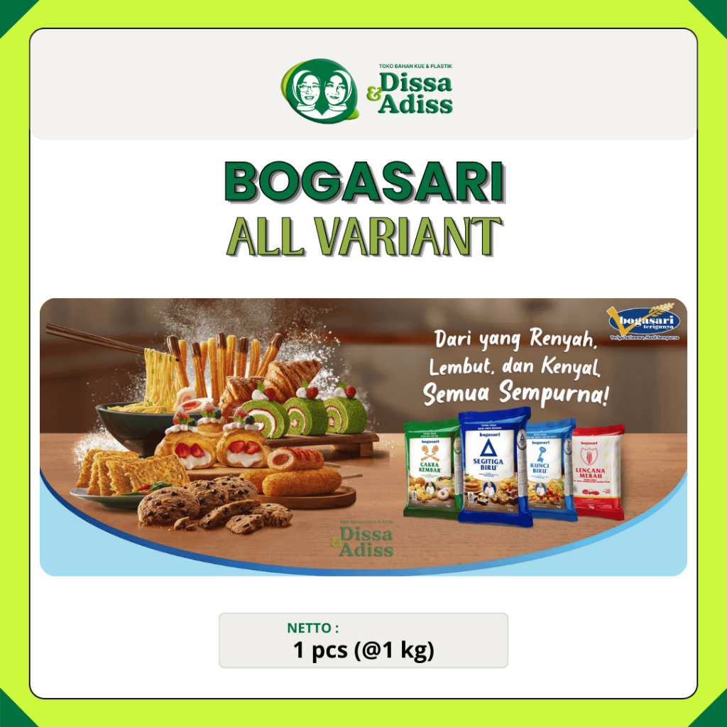 

Segitiga Biru 1 Kg | Tepung terigu Bogasari Protein Sedang | All Variant - Tobaqdissa