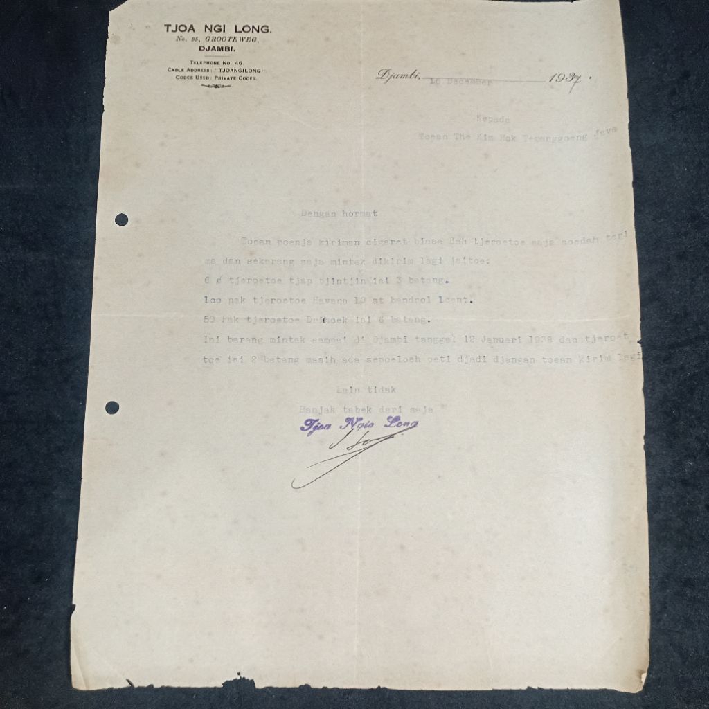 

Surat Tua Pemesanan Sigaretten 1937