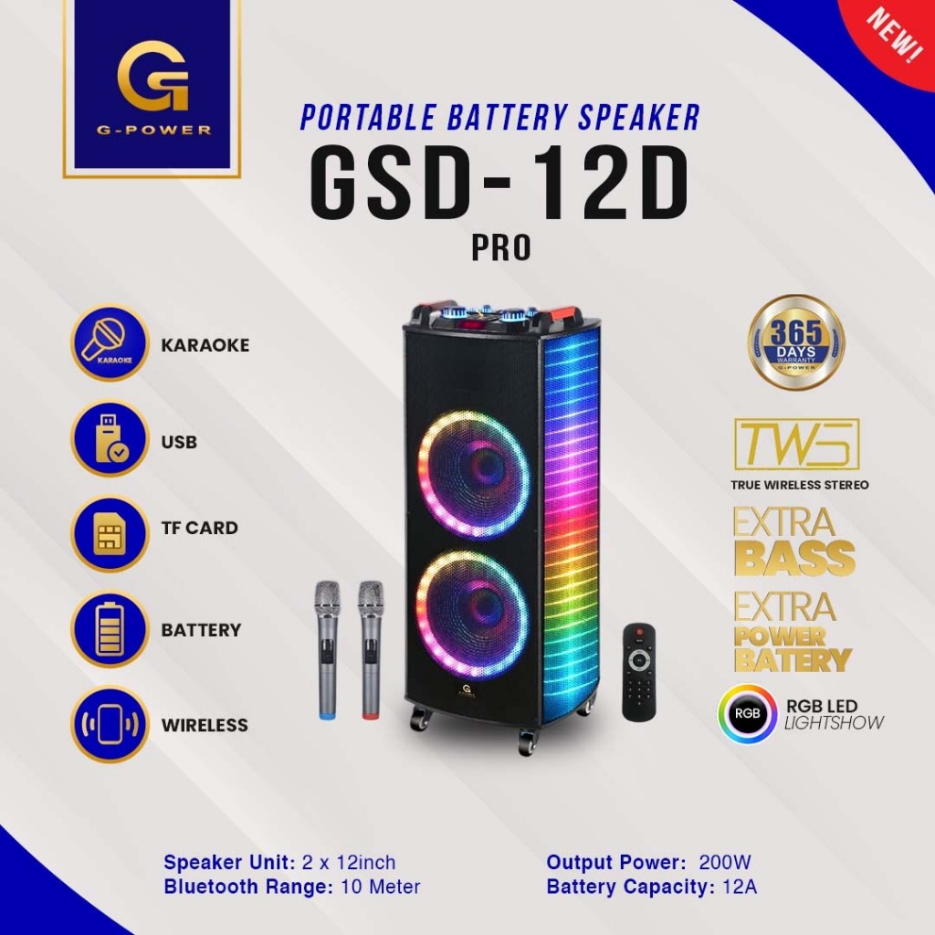 G-POWER Speaker Gsd 12D Pro 12 inci 2 Woofer Portable Speaker Bluetooth