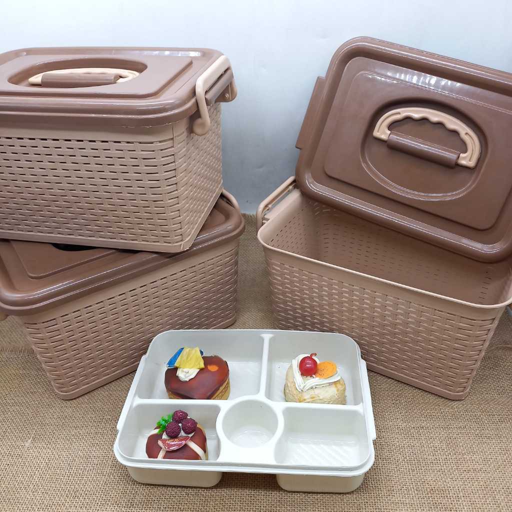 Kotak Makan Hajatan Lunch Box Plastik Rotan Coklat Gisella Keranjang Motif Rotan Gisella Keranjang L