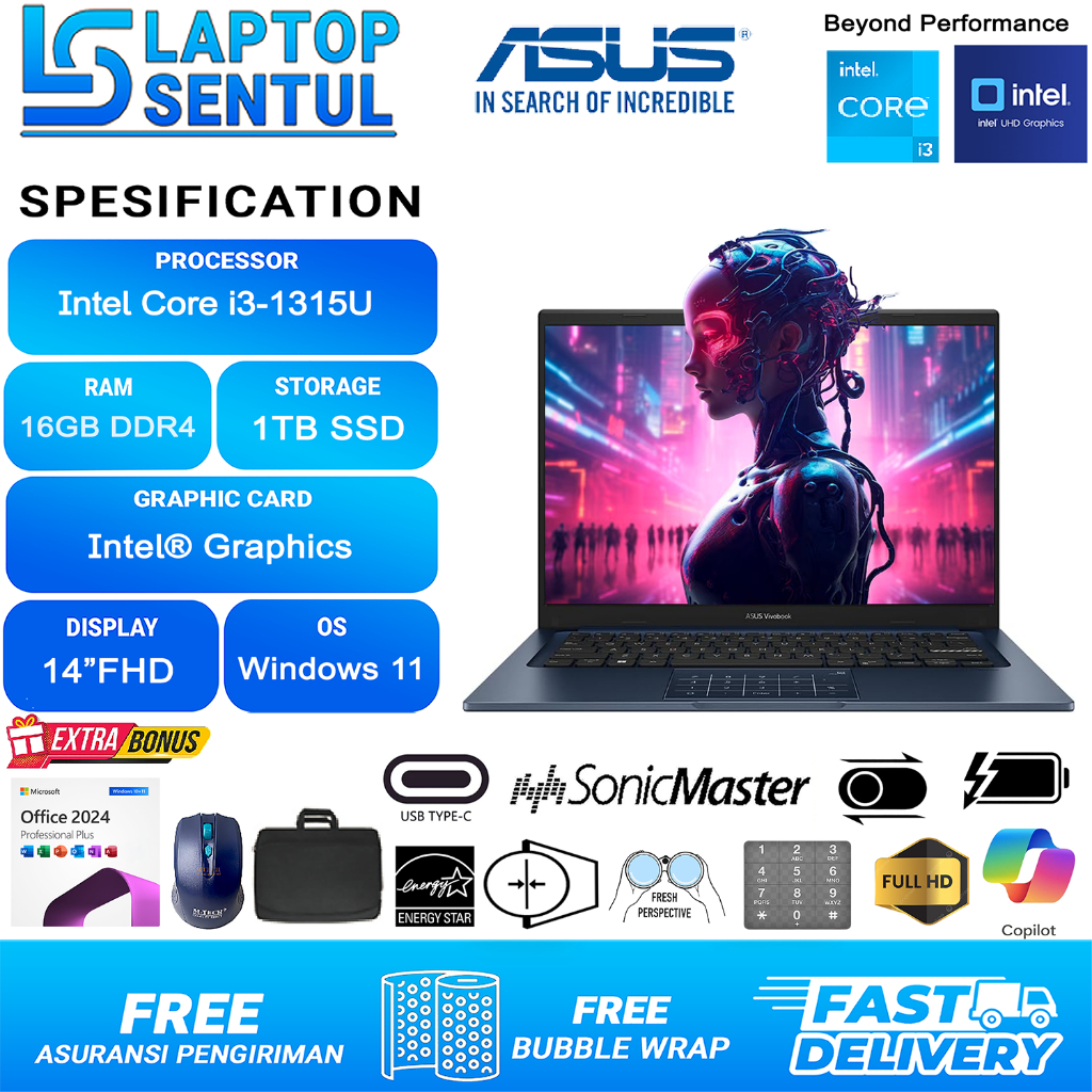 Laptop Asus 14 inch - 1404VA Intel Core i3 - 1315U Ram 16GB 1TB SSD FHD Numpad Windows 11 Quite Blue