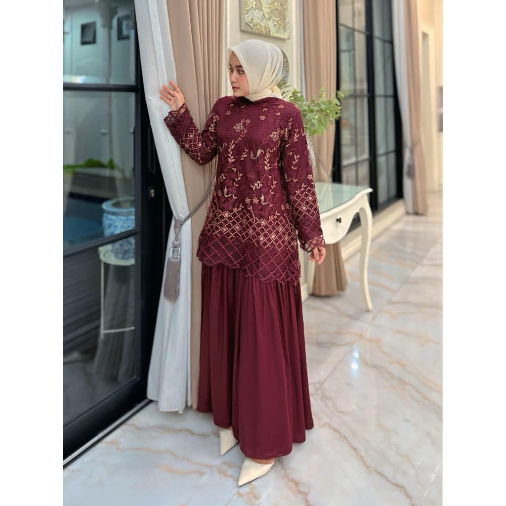 Gamis bahan tille bordir premium mix  armanisilk (model menyatu) Retliting belakang  tangan karet   